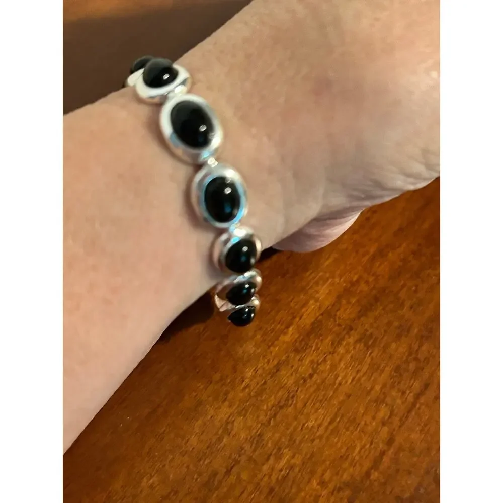 925 Sterling Silver Bezel Set Oval Black Onyx Link Bracelet 7.5